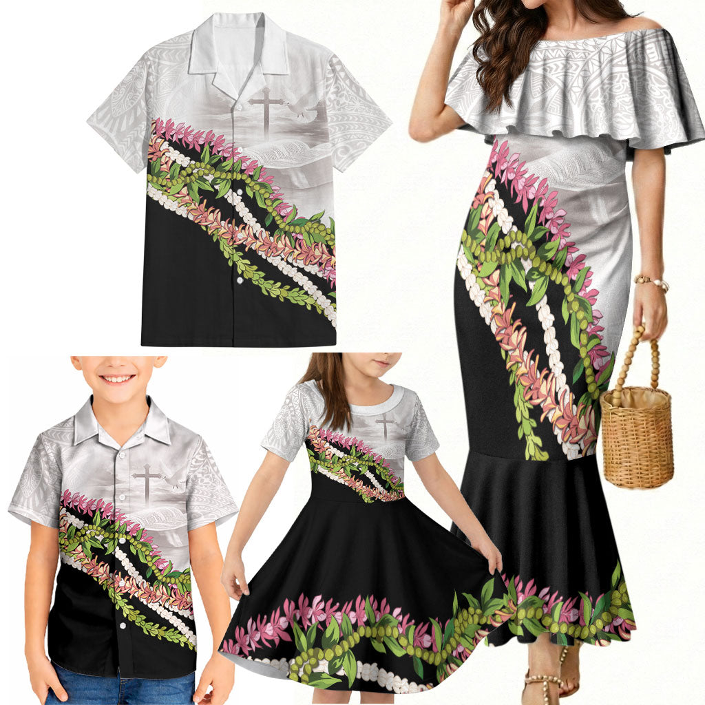 Hawaii Mokihana Mix Pikake Leis Mahalo 'Olelo Family Matching Mermaid Dress and Hawaiian Shirt White Tapa LT7 - Polynesian Pride