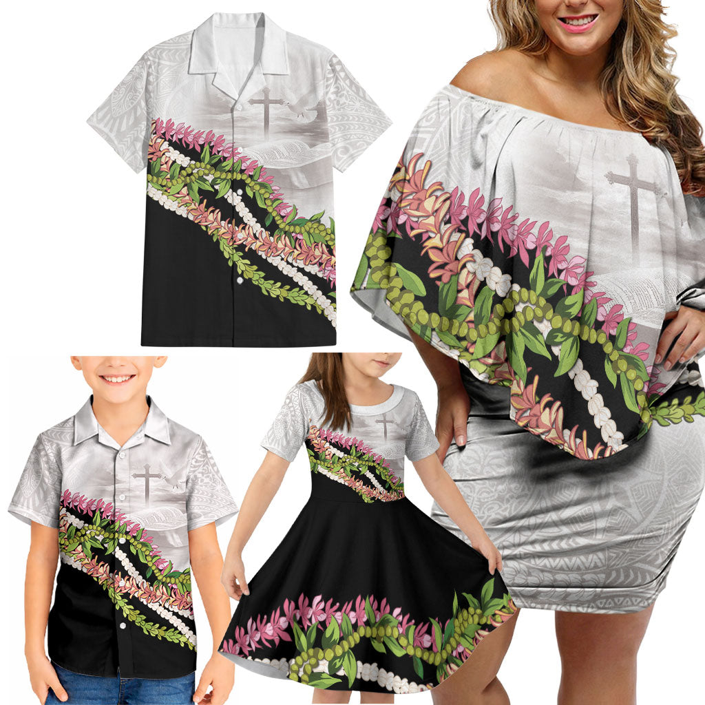 Hawaii Mokihana Mix Pikake Leis Mahalo 'Olelo Family Matching Off Shoulder Short Dress and Hawaiian Shirt White Tapa LT7 - Polynesian Pride