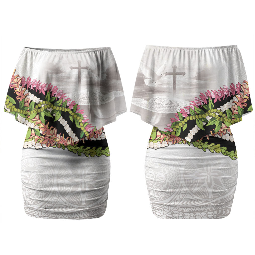 Hawaii Mokihana Mix Pikake Leis Mahalo 'Olelo Family Matching Off Shoulder Short Dress and Hawaiian Shirt White Tapa LT7 Mom's Dress White - Polynesian Pride