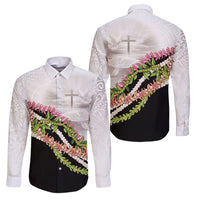 Hawaii Mokihana Mix Pikake Leis Mahalo 'Olelo Family Matching Off Shoulder Short Dress and Hawaiian Shirt White Tapa LT7 Dad's Shirt - Long Sleeve White - Polynesian Pride