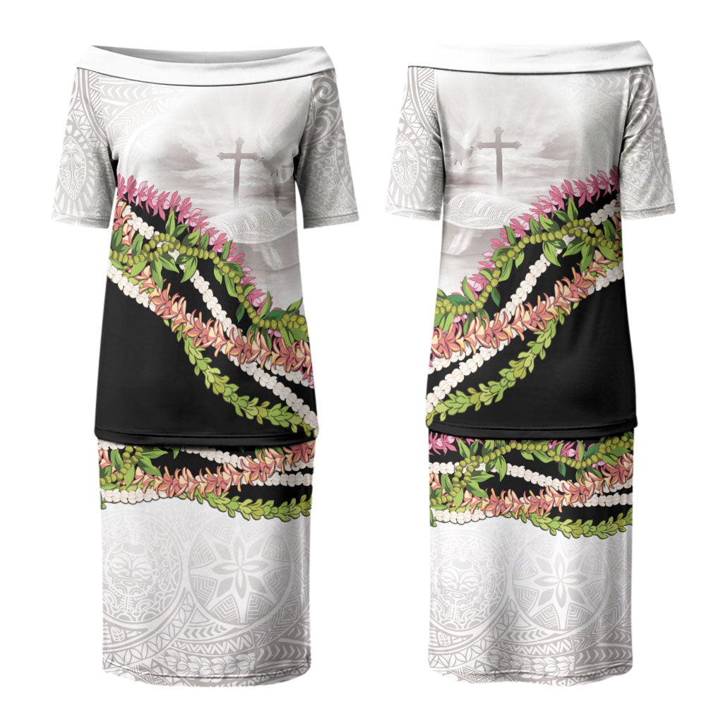 Hawaii Mokihana Mix Pikake Leis Mahalo 'Olelo Family Matching Puletasi and Hawaiian Shirt White Tapa LT7 Mom's Dress White - Polynesian Pride