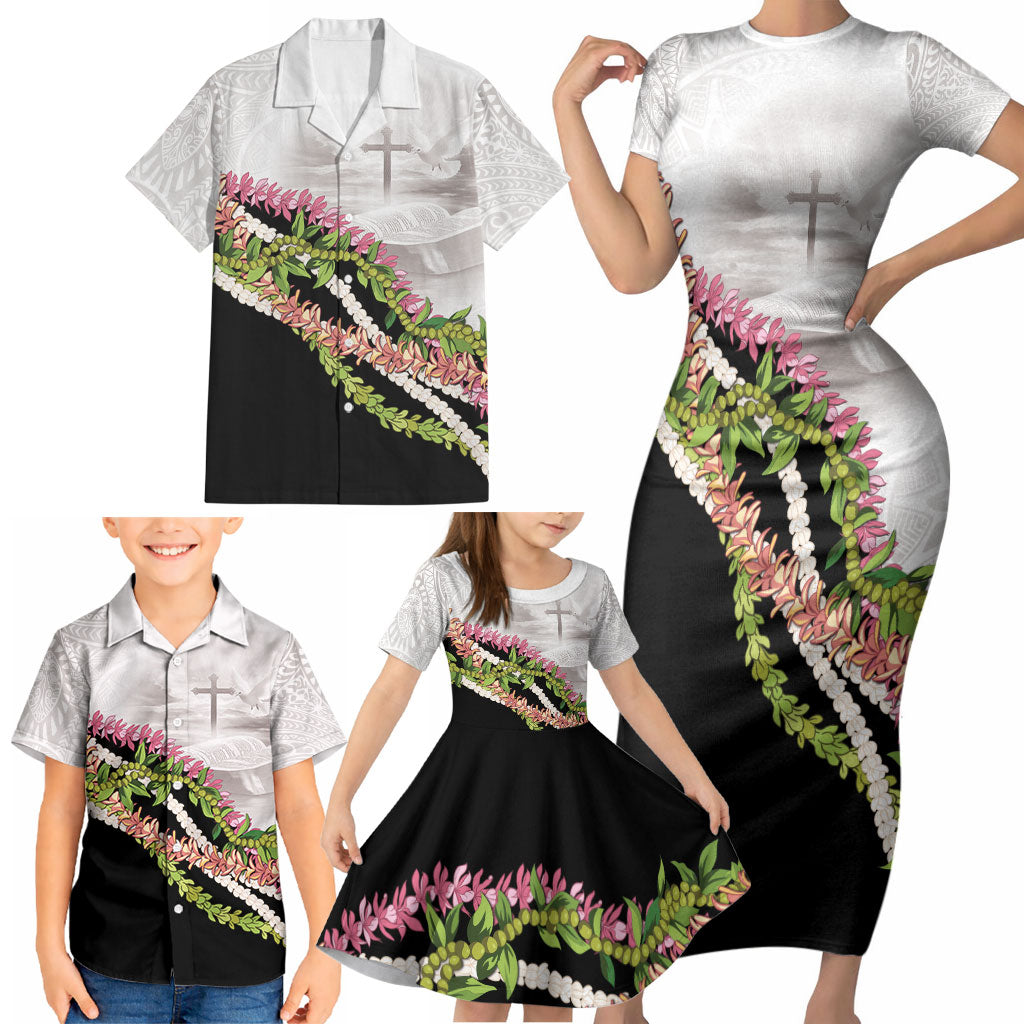 Hawaii Mokihana Mix Pikake Leis Mahalo 'Olelo Family Matching Short Sleeve Bodycon Dress and Hawaiian Shirt White Tapa LT7 - Polynesian Pride