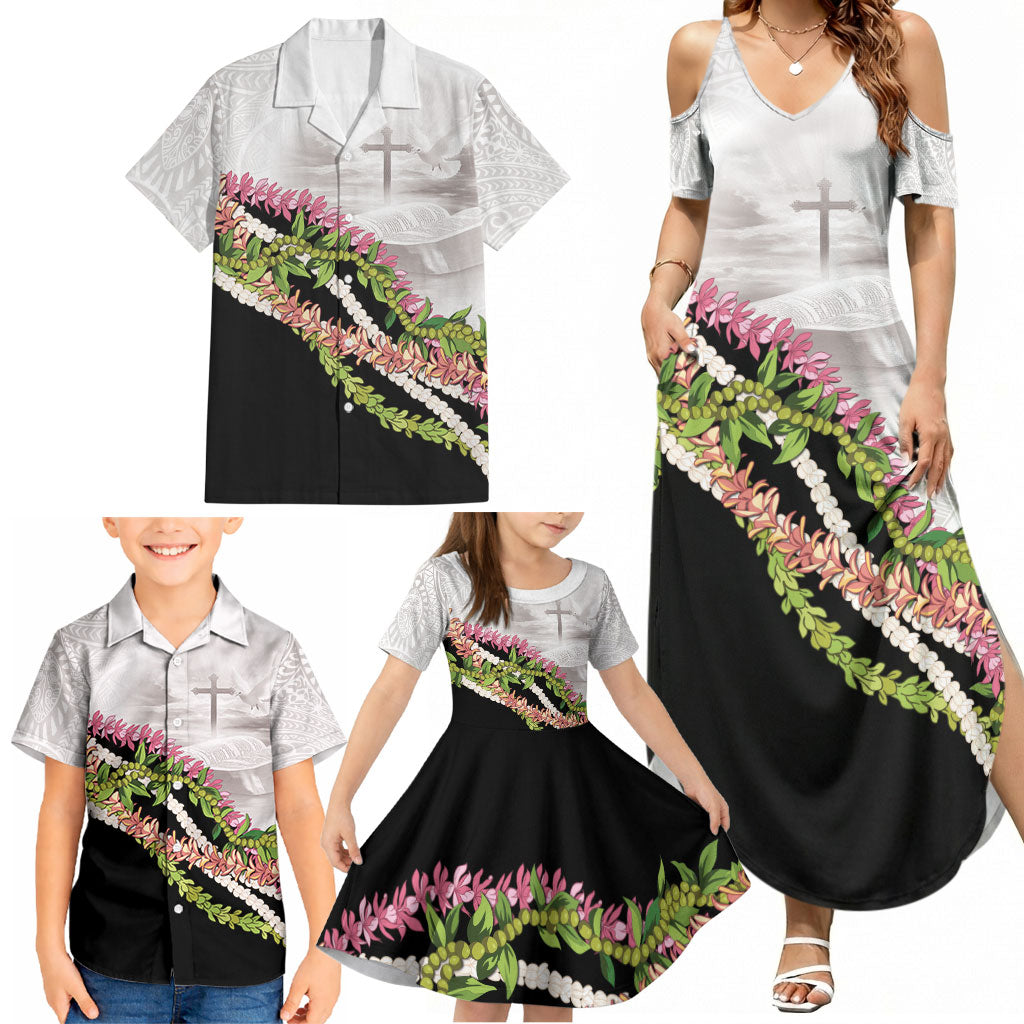 Hawaii Mokihana Mix Pikake Leis Mahalo 'Olelo Family Matching Summer Maxi Dress and Hawaiian Shirt White Tapa LT7 - Polynesian Pride