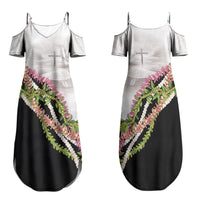 Hawaii Mokihana Mix Pikake Leis Mahalo 'Olelo Family Matching Summer Maxi Dress and Hawaiian Shirt White Tapa LT7 Mom's Dress White - Polynesian Pride