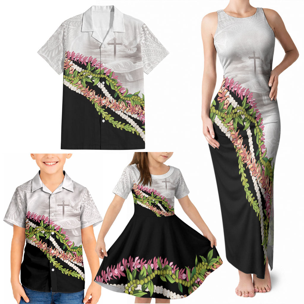 Hawaii Mokihana Mix Pikake Leis Mahalo 'Olelo Family Matching Tank Maxi Dress and Hawaiian Shirt White Tapa LT7 - Polynesian Pride
