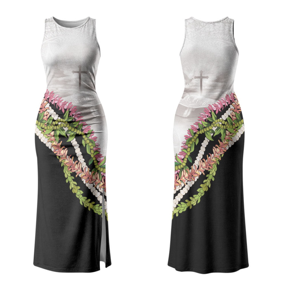 Hawaii Mokihana Mix Pikake Leis Mahalo 'Olelo Family Matching Tank Maxi Dress and Hawaiian Shirt White Tapa LT7 Mom's Dress White - Polynesian Pride