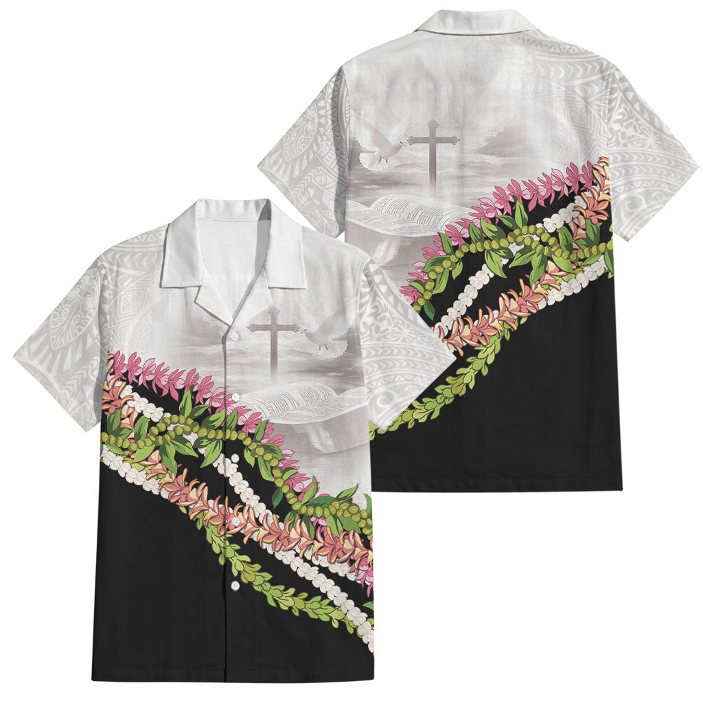 Hawaii Mokihana Mix Pikake Leis Mahalo 'Olelo Family Matching Tank Maxi Dress and Hawaiian Shirt White Tapa LT7 Dad's Shirt - Short Sleeve White - Polynesian Pride