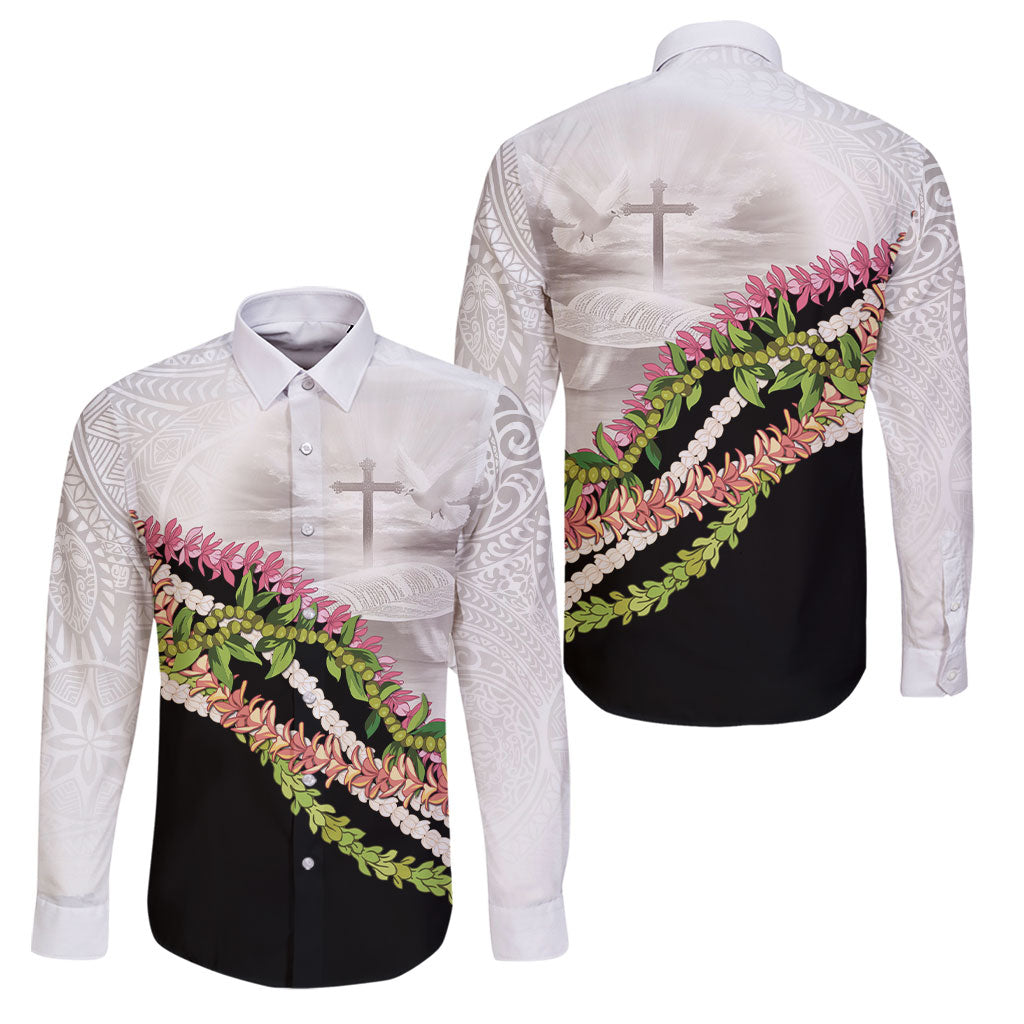 Hawaii Mokihana Mix Pikake Leis Mahalo 'Olelo Family Matching Tank Maxi Dress and Hawaiian Shirt White Tapa LT7 Dad's Shirt - Long Sleeve White - Polynesian Pride