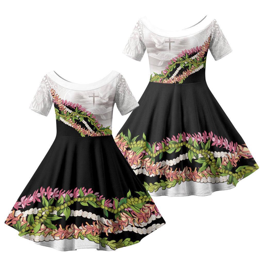 Hawaii Mokihana Mix Pikake Leis Mahalo 'Olelo Family Matching Tank Maxi Dress and Hawaiian Shirt White Tapa LT7 Daughter's Dress White - Polynesian Pride