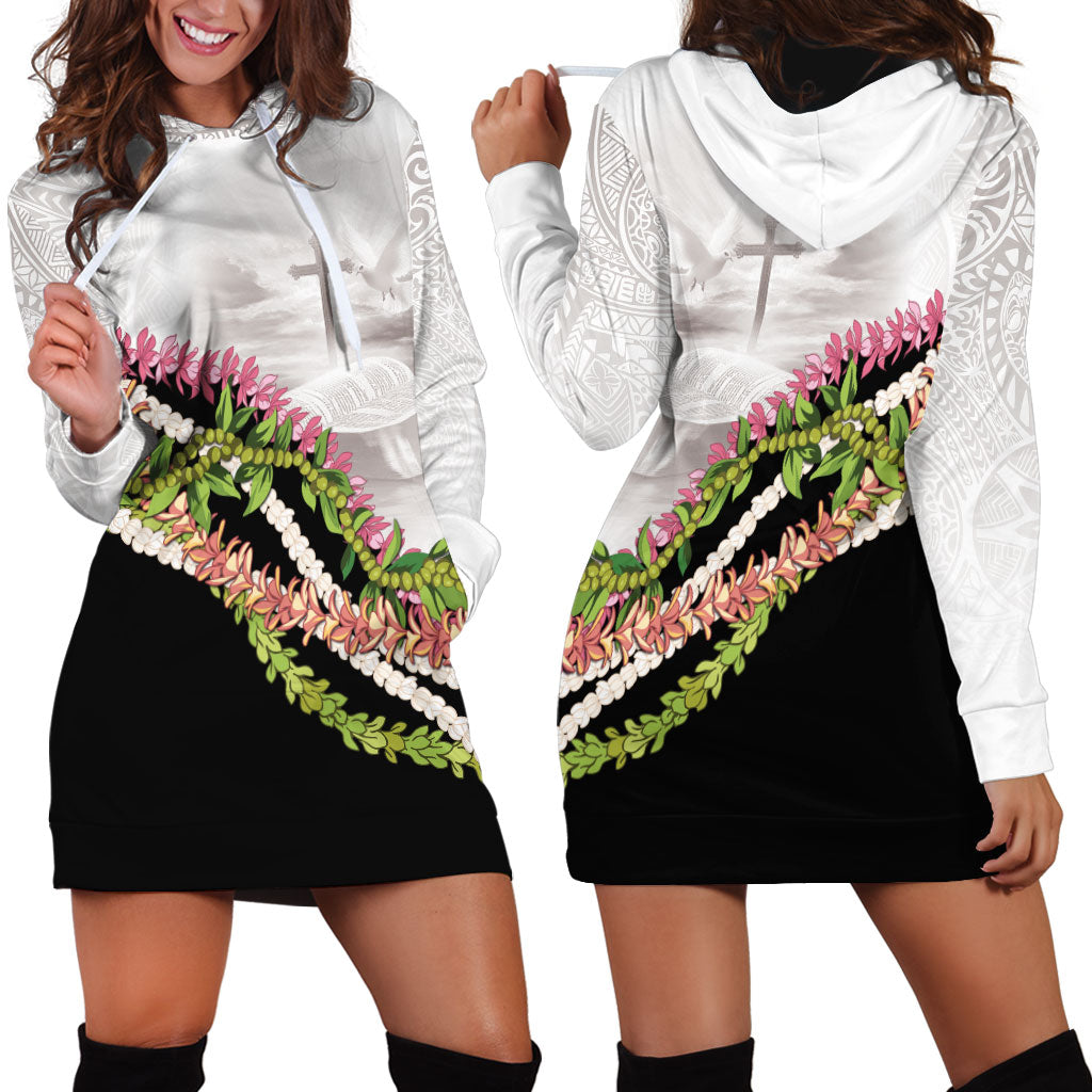 Hawaii Mokihana Mix Pikake Leis Mahalo 'Olelo Hoodie Dress White Tapa LT7 - Polynesian Pride