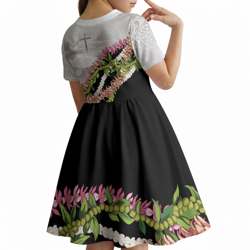 Hawaii Mokihana Mix Pikake Leis Mahalo 'Olelo Kid Short Sleeve Dress White Tapa LT7 - Polynesian Pride