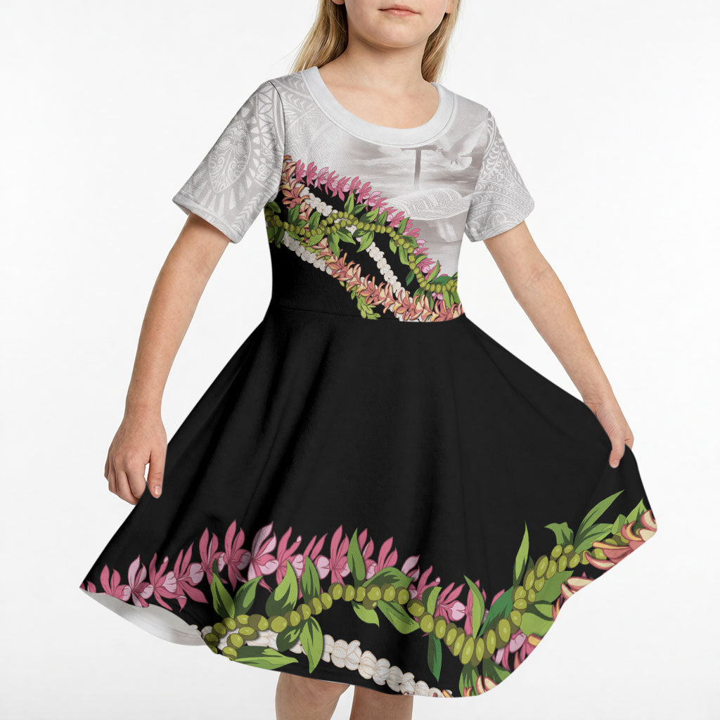 Hawaii Mokihana Mix Pikake Leis Mahalo 'Olelo Kid Short Sleeve Dress White Tapa LT7 - Polynesian Pride