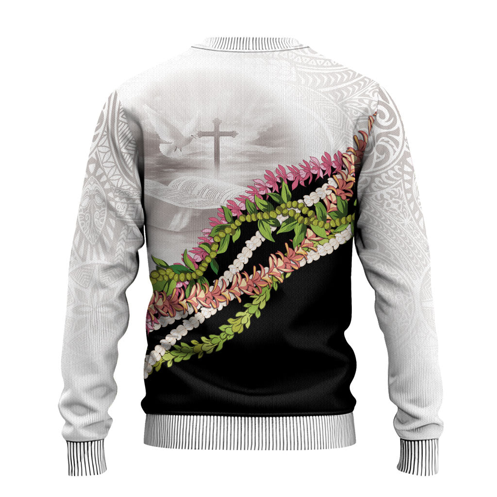 Hawaii Mokihana Mix Pikake Leis Mahalo 'Olelo Ugly Christmas Sweater White Tapa