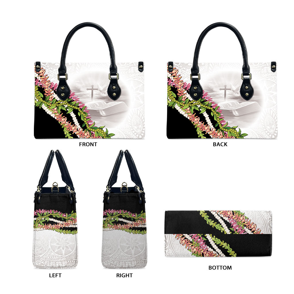 Hawaii Mokihana Mix Pikake Leis Mahalo 'Olelo Leather Bag White Tapa LT7 - Polynesian Pride