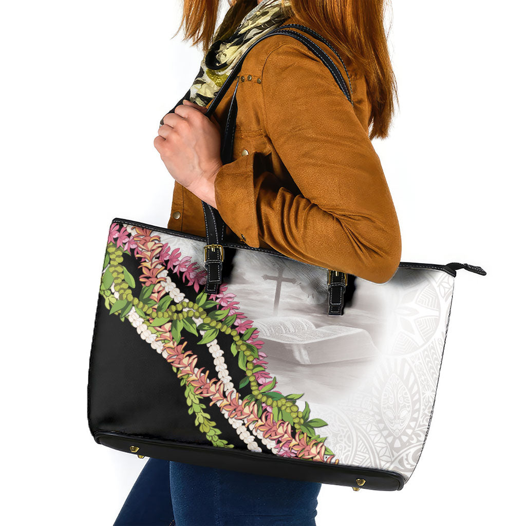 Hawaii Mokihana Mix Pikake Leis Mahalo 'Olelo Leather Tote Bag White Tapa LT7 White - Polynesian Pride
