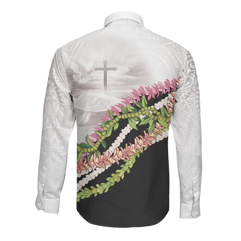 Hawaii Mokihana Mix Pikake Leis Mahalo 'Olelo Long Sleeve Button Shirt White Tapa LT7 - Polynesian Pride