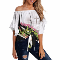Hawaii Mokihana Mix Pikake Leis Mahalo 'Olelo Off Shoulder Wrap Waist Top White Tapa LT7 White - Polynesian Pride