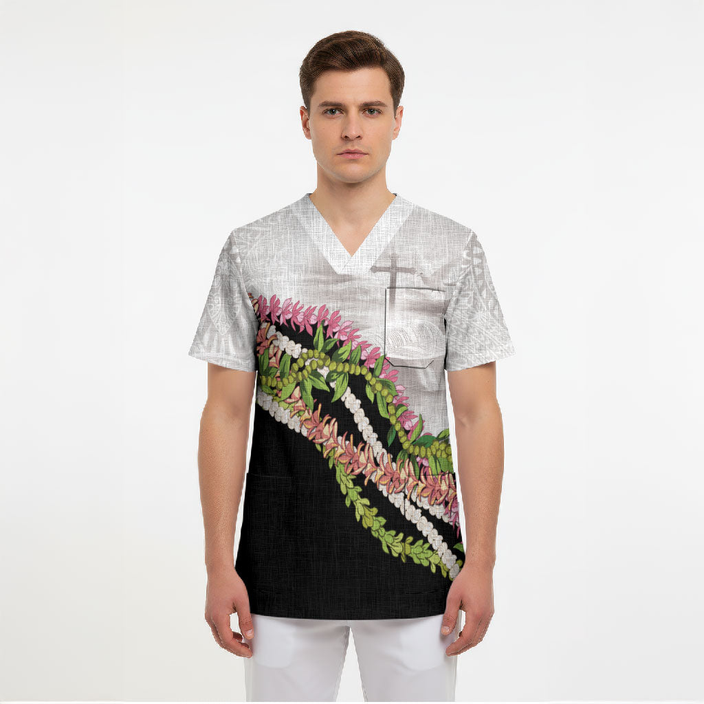 Hawaii Mokihana Mix Pikake Leis Mahalo 'Olelo Scrub Top White Tapa LT7 - Polynesian Pride