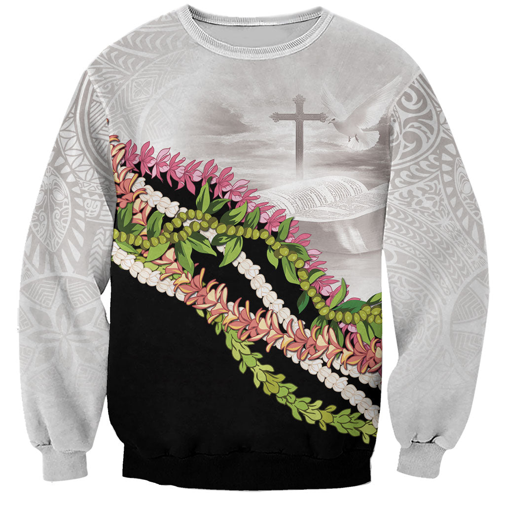 Hawaii Mokihana Mix Pikake Leis Mahalo 'Olelo Sweatshirt White Tapa LT7 Unisex White - Polynesian Pride