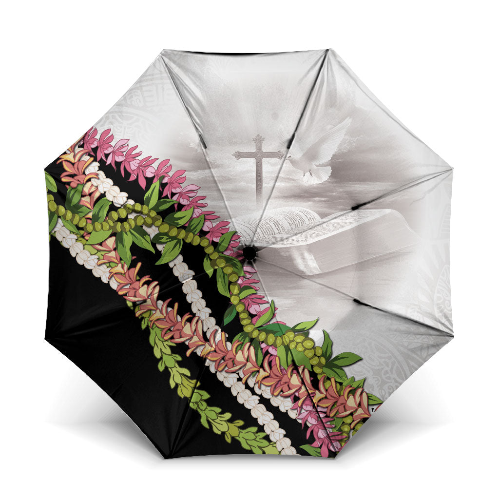 Hawaii Mokihana Mix Pikake Leis Mahalo 'Olelo Umbrella White Tapa LT7 One Size Folded 11.42 inch Opened Diameter 37.4 inch White - Polynesian Pride