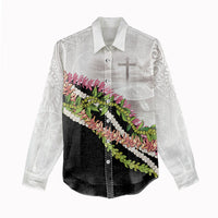 Hawaii Mokihana Mix Pikake Leis Mahalo 'Olelo Women Casual Shirt White Tapa LT7 - Polynesian Pride