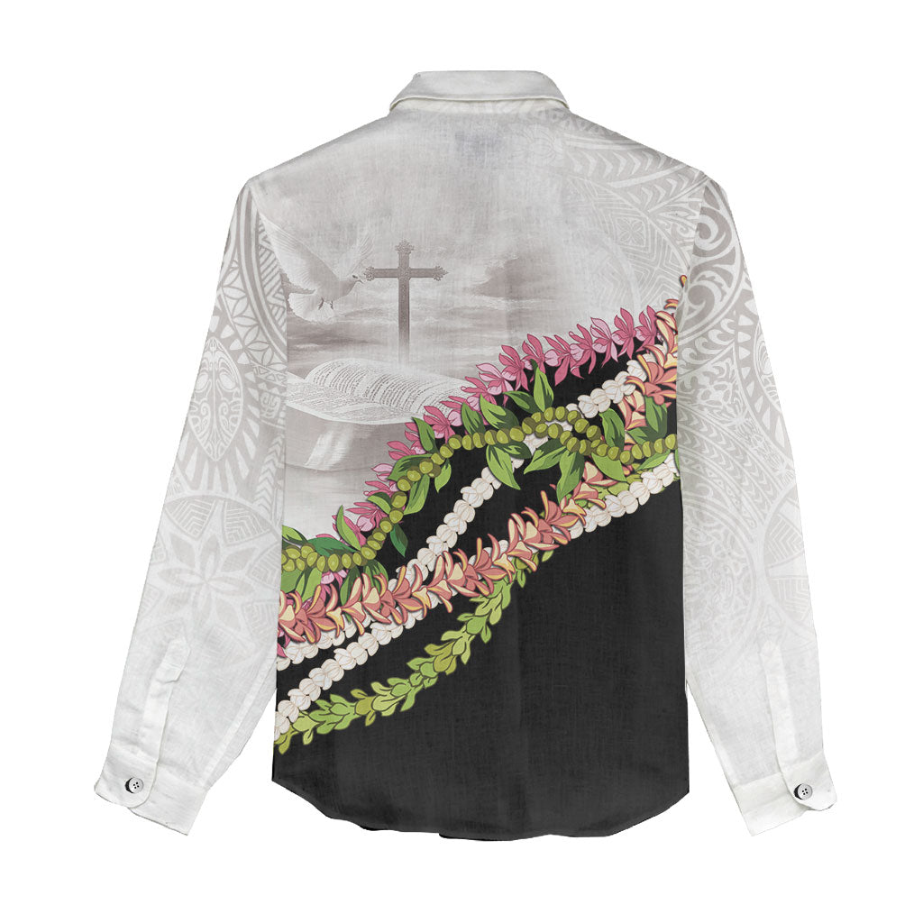 Hawaii Mokihana Mix Pikake Leis Mahalo 'Olelo Women Casual Shirt White Tapa LT7 - Polynesian Pride