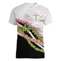 Hawaii Mokihana Mix Pikake Leis Mahalo 'Olelo Women V-Neck T-Shirt White Tapa LT7 Female White - Polynesian Pride