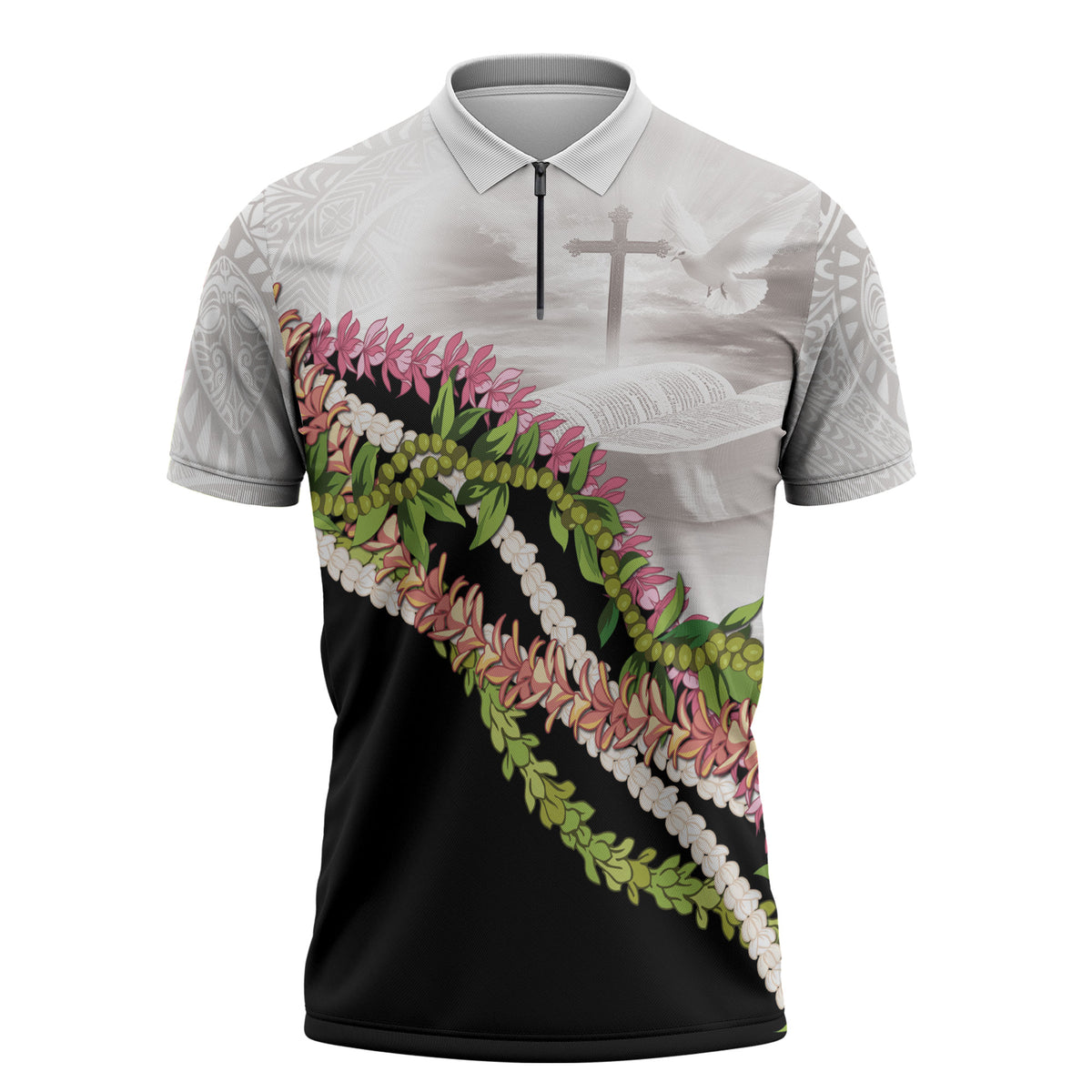 Hawaii Mokihana Mix Pikake Leis Mahalo 'Olelo Zipper Polo Shirt White Tapa LT7 White - Polynesian Pride