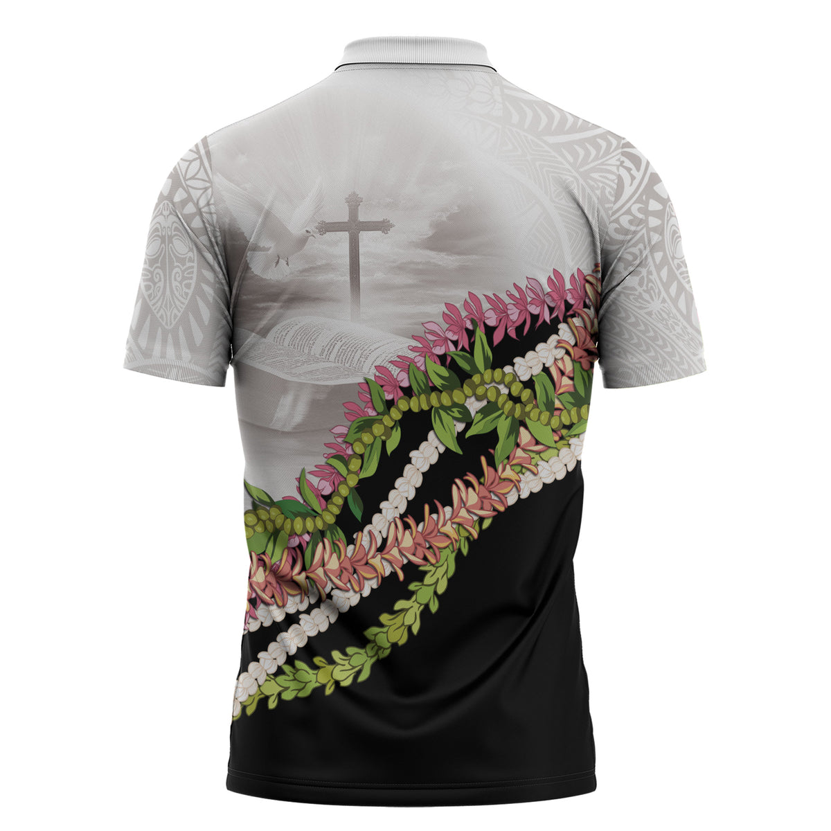 Hawaii Mokihana Mix Pikake Leis Mahalo 'Olelo Zipper Polo Shirt White Tapa LT7 - Polynesian Pride