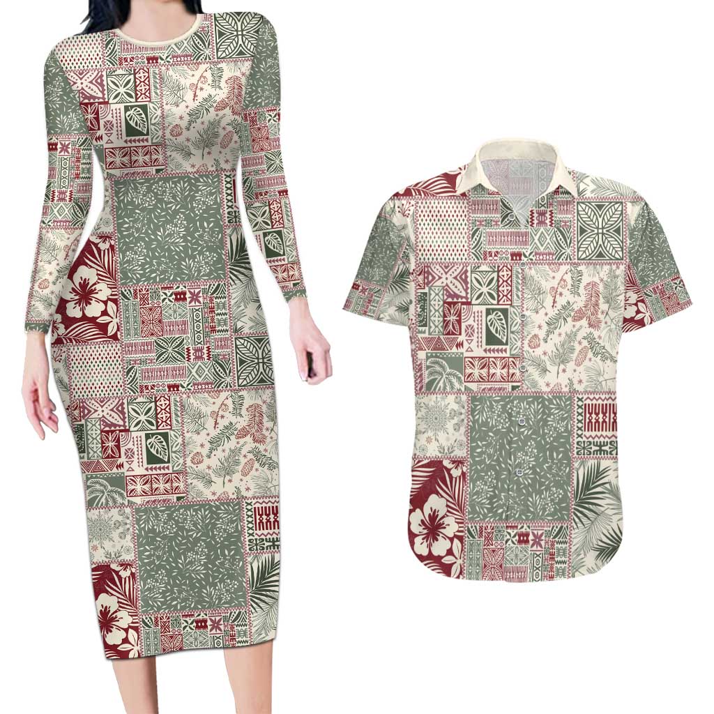 Aloha Hawaii Pastel Christmas Patchwork Couples Matching Long Sleeve Bodycon Dress and Hawaiian Shirt Classic Style - Polynesian Pride
