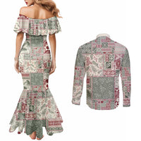 Aloha Hawaii Pastel Christmas Patchwork Couples Matching Mermaid Dress and Long Sleeve Button Shirt Classic Style - Polynesian Pride
