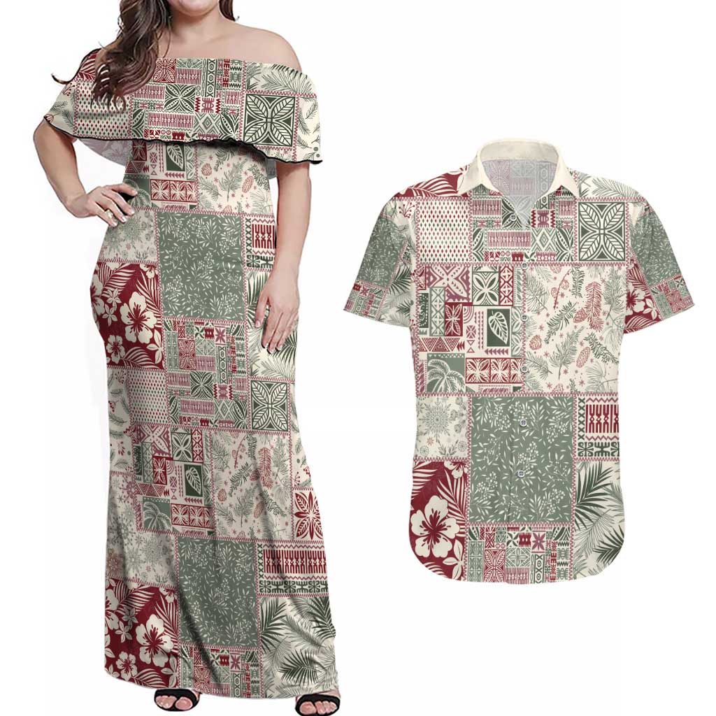 Aloha Hawaii Pastel Christmas Patchwork Couples Matching Off Shoulder Maxi Dress and Hawaiian Shirt Classic Style - Polynesian Pride
