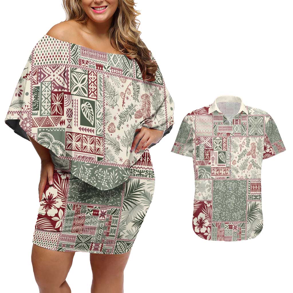 Aloha Hawaii Pastel Christmas Patchwork Couples Matching Off Shoulder Short Dress and Hawaiian Shirt Classic Style - Polynesian Pride