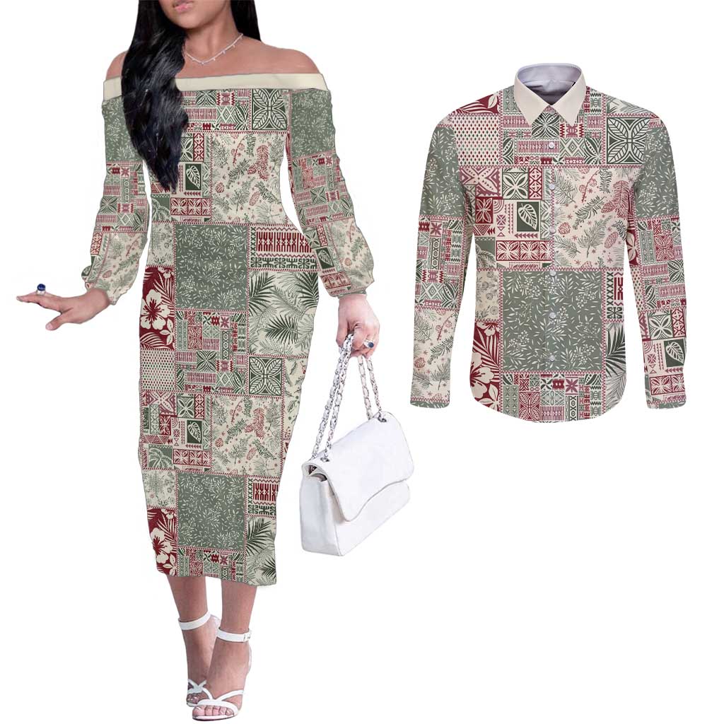 Aloha Hawaii Pastel Christmas Patchwork Couples Matching Off The Shoulder Long Sleeve Dress and Long Sleeve Button Shirt Classic Style - Polynesian Pride