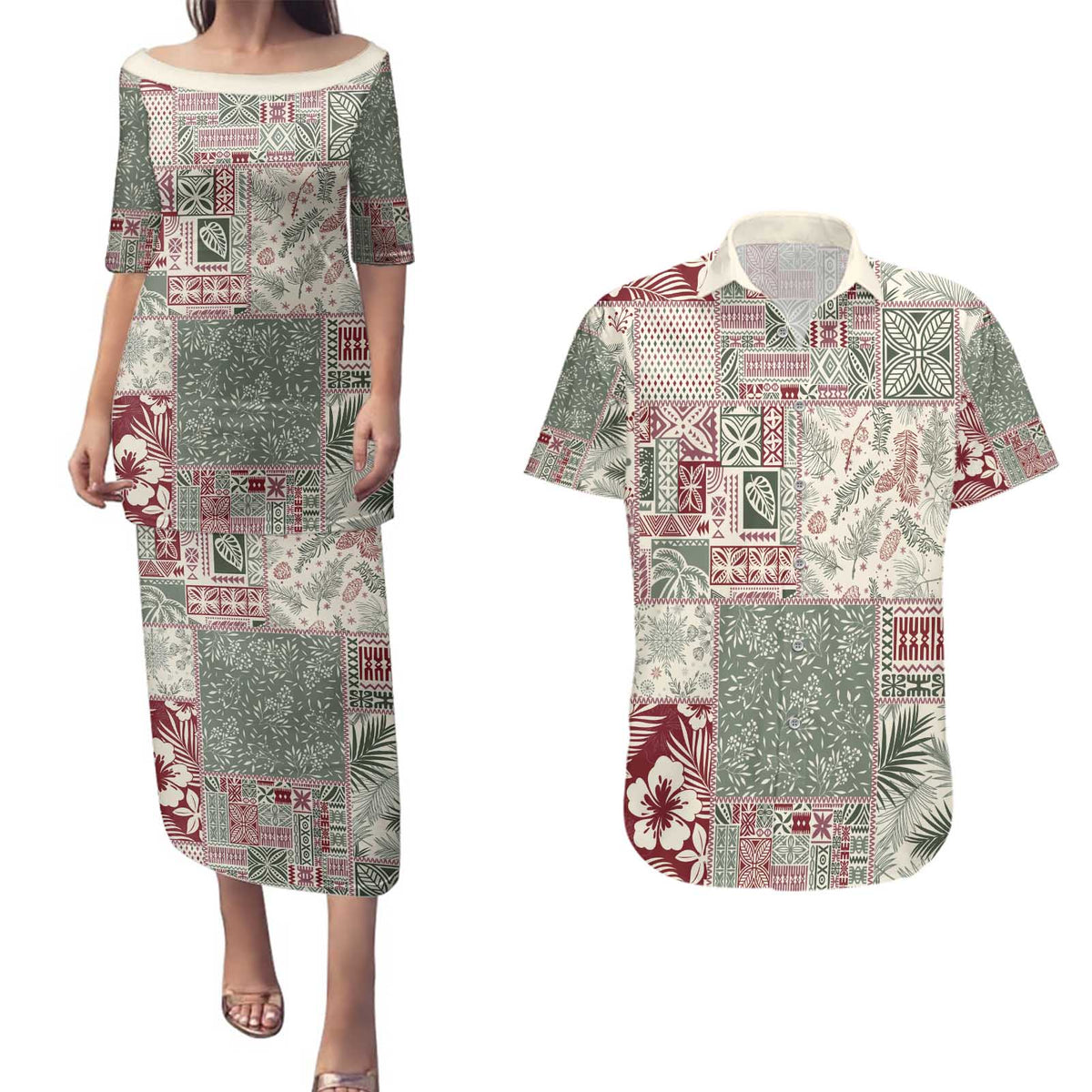 Aloha Hawaii Pastel Christmas Patchwork Couples Matching Puletasi and Hawaiian Shirt Classic Style LT7 Pastel Green - Polynesian Pride