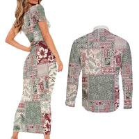 Aloha Hawaii Pastel Christmas Patchwork Couples Matching Short Sleeve Bodycon Dress and Long Sleeve Button Shirt Classic Style - Polynesian Pride