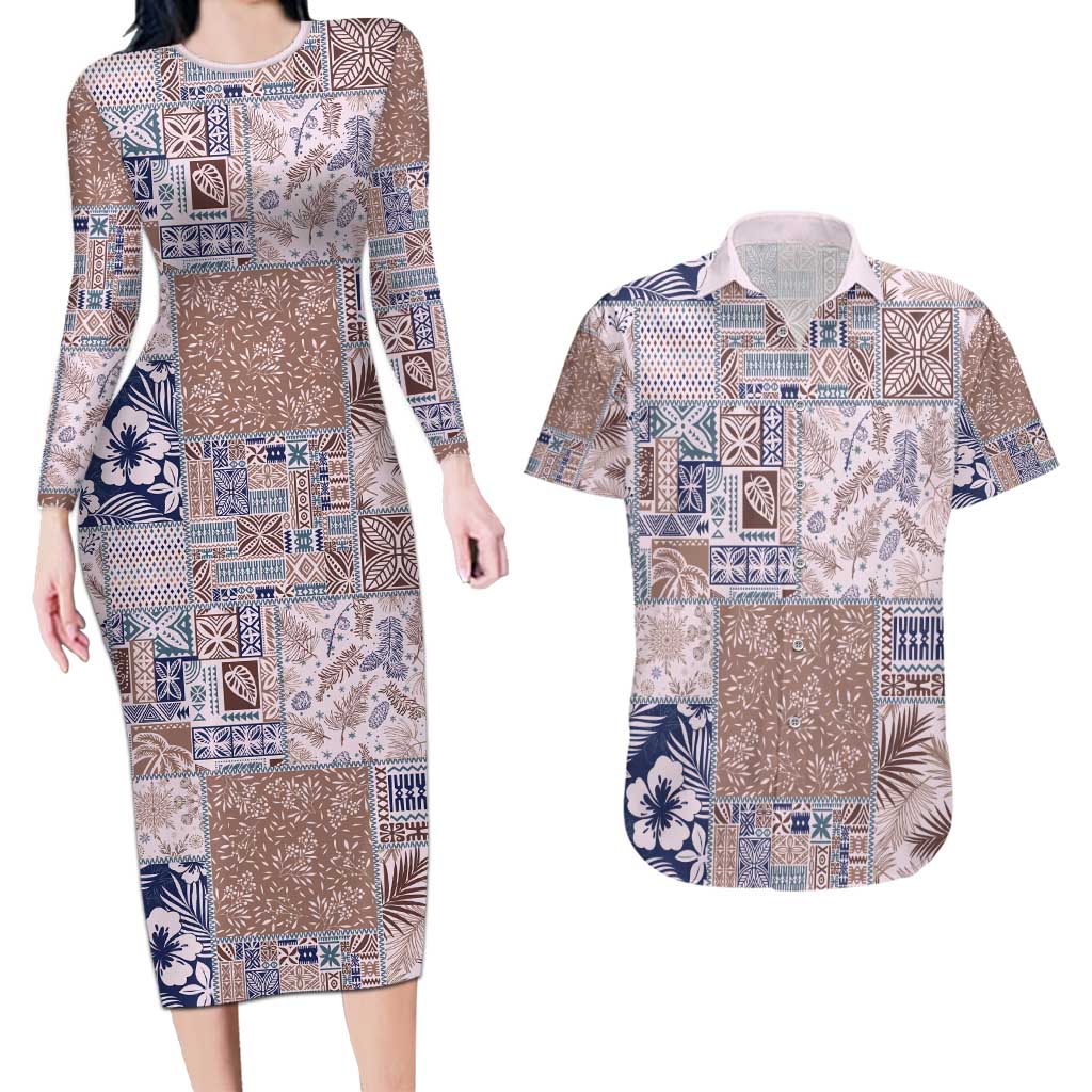 Aloha Hawaii Pastel Christmas Patchwork Couples Matching Long Sleeve Bodycon Dress and Hawaiian Shirt Rustic Style - Polynesian Pride