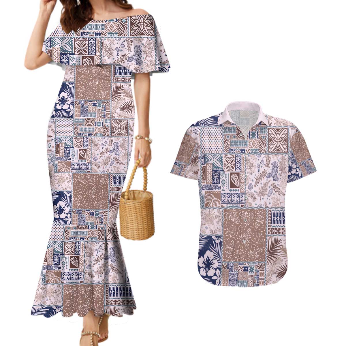 Aloha Hawaii Pastel Christmas Patchwork Couples Matching Mermaid Dress and Hawaiian Shirt Rustic Style - Polynesian Pride