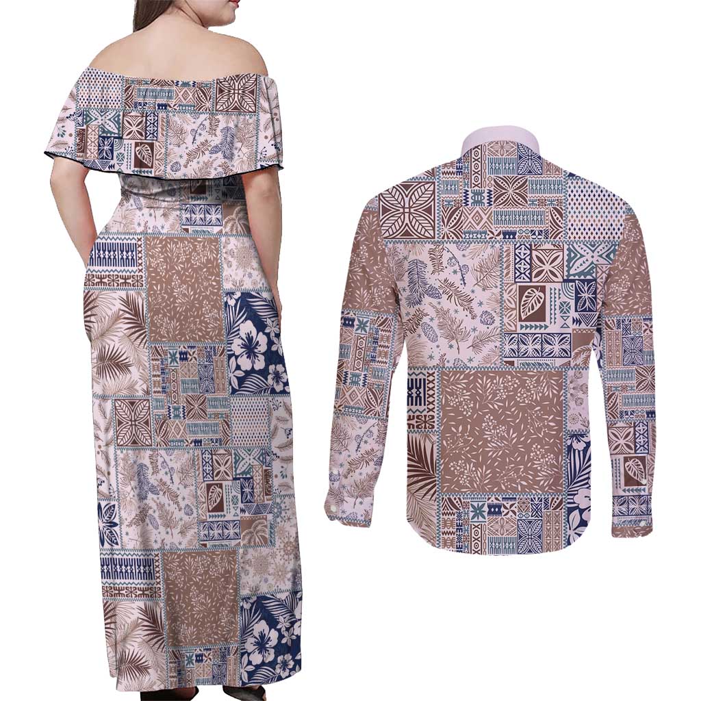Aloha Hawaii Pastel Christmas Patchwork Couples Matching Off Shoulder Maxi Dress and Long Sleeve Button Shirt Rustic Style - Polynesian Pride