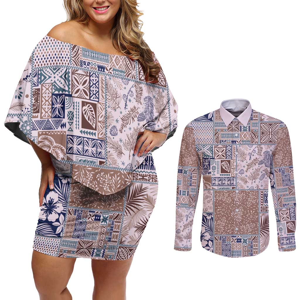 Aloha Hawaii Pastel Christmas Patchwork Couples Matching Off Shoulder Short Dress and Long Sleeve Button Shirt Rustic Style - Polynesian Pride