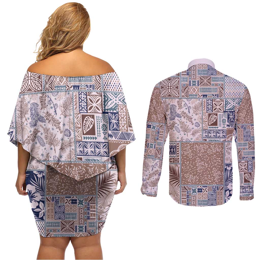 Aloha Hawaii Pastel Christmas Patchwork Couples Matching Off Shoulder Short Dress and Long Sleeve Button Shirt Rustic Style - Polynesian Pride