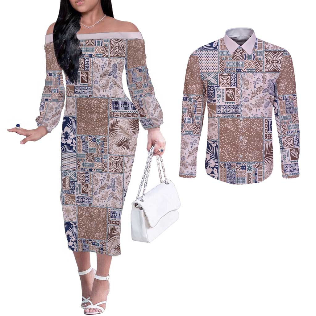 Aloha Hawaii Pastel Christmas Patchwork Couples Matching Off The Shoulder Long Sleeve Dress and Long Sleeve Button Shirt Rustic Style - Polynesian Pride