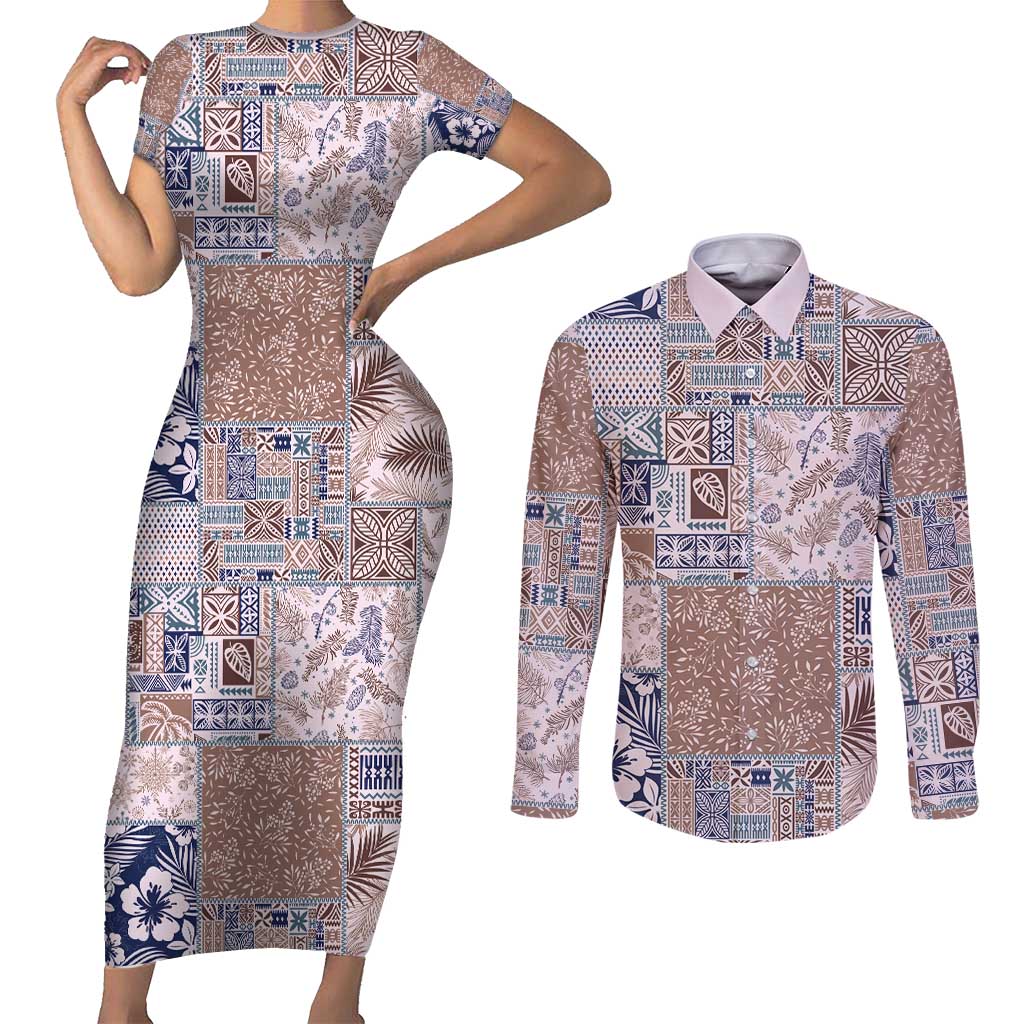 Aloha Hawaii Pastel Christmas Patchwork Couples Matching Short Sleeve Bodycon Dress and Long Sleeve Button Shirt Rustic Style - Polynesian Pride