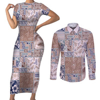 Aloha Hawaii Pastel Christmas Patchwork Couples Matching Short Sleeve Bodycon Dress and Long Sleeve Button Shirt Rustic Style - Polynesian Pride