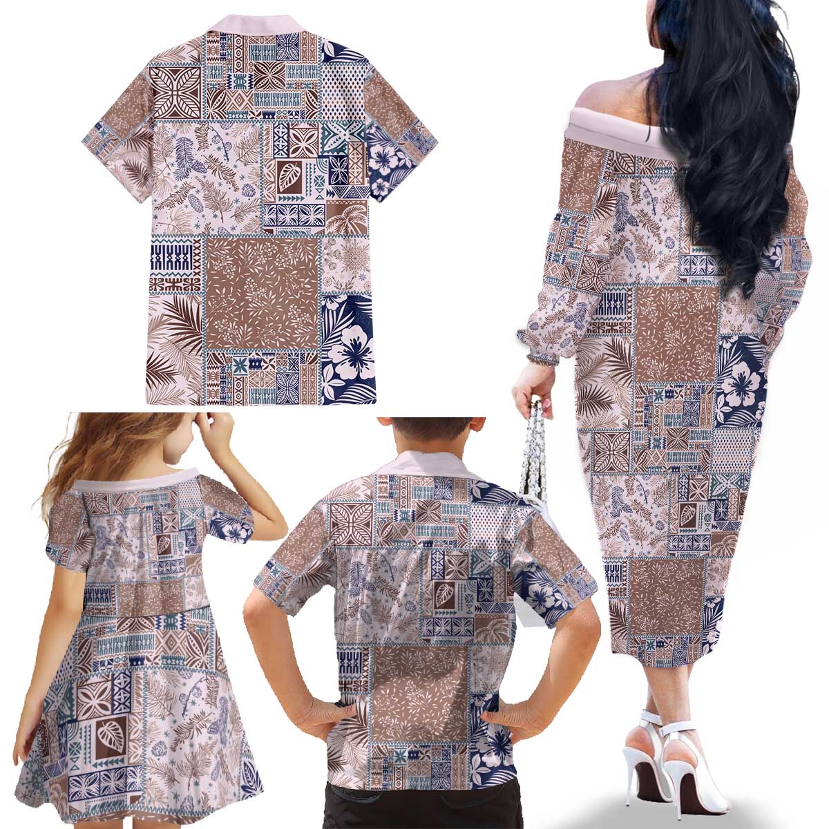 Aloha Hawaii Pastel Christmas Patchwork Family Matching Off The Shoulder Long Sleeve Dress and Hawaiian Shirt Rustic Style - Polynesian Pride