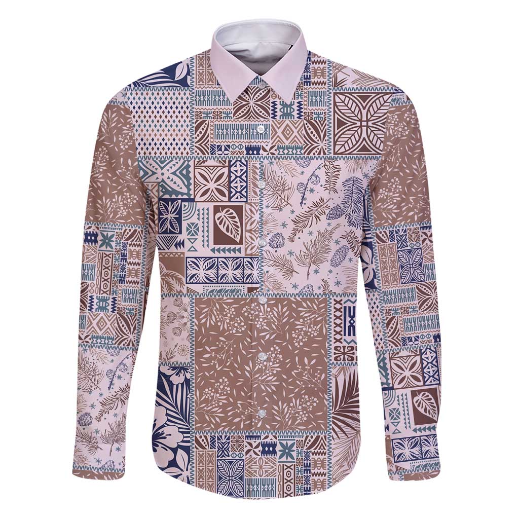Aloha Hawaii Pastel Christmas Patchwork Family Matching Puletasi and Hawaiian Shirt Rustic Style LT7 Dad's Shirt - Long Sleeve Beige - Polynesian Pride