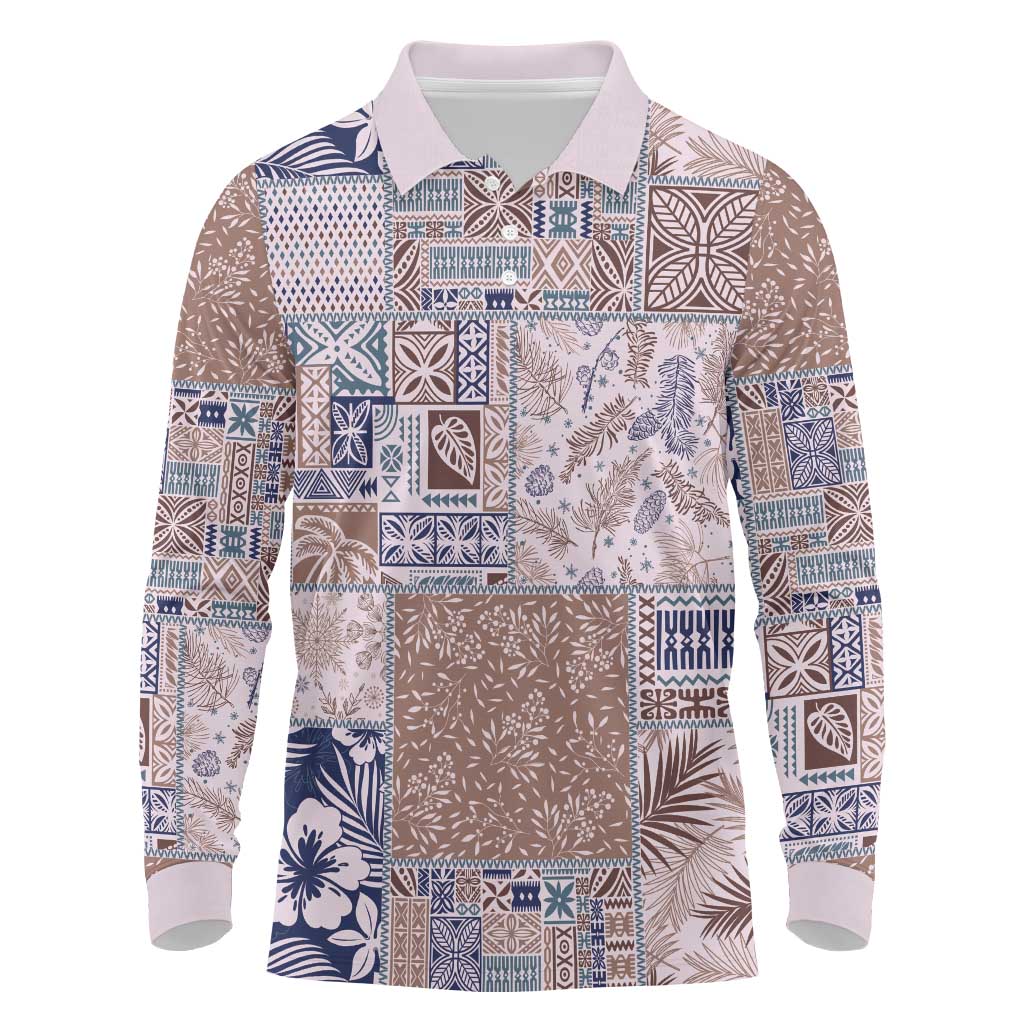 Aloha Hawaii Pastel Christmas Patchwork Long Sleeve Polo Shirt Rustic Style - Polynesian Pride