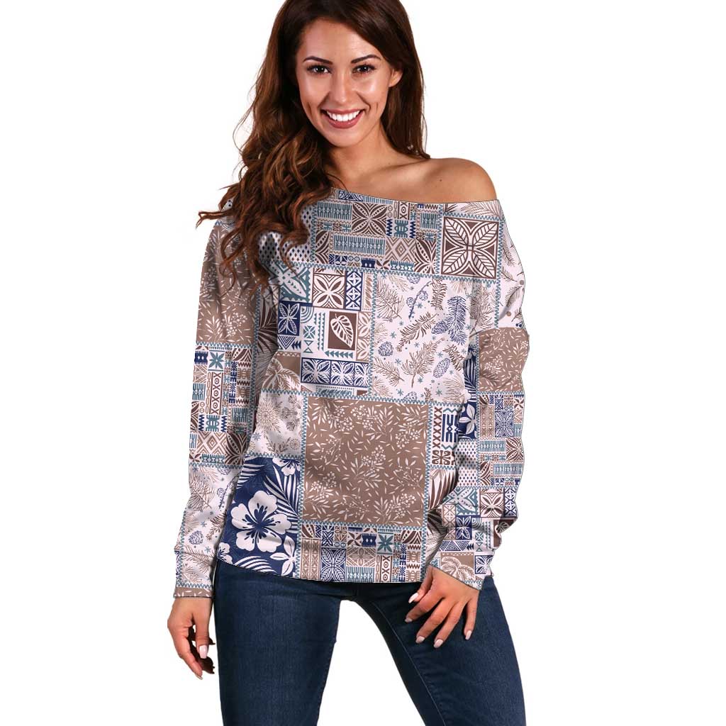 Aloha Hawaii Pastel Christmas Patchwork Off Shoulder Sweater Rustic Style - Polynesian Pride