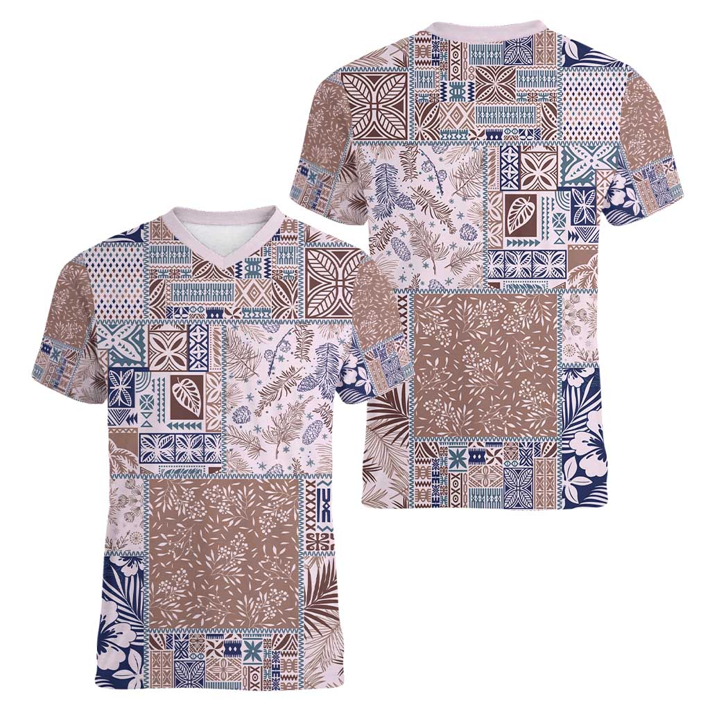 Aloha Hawaii Pastel Christmas Patchwork Women V-Neck T-Shirt Rustic Style - Polynesian Pride