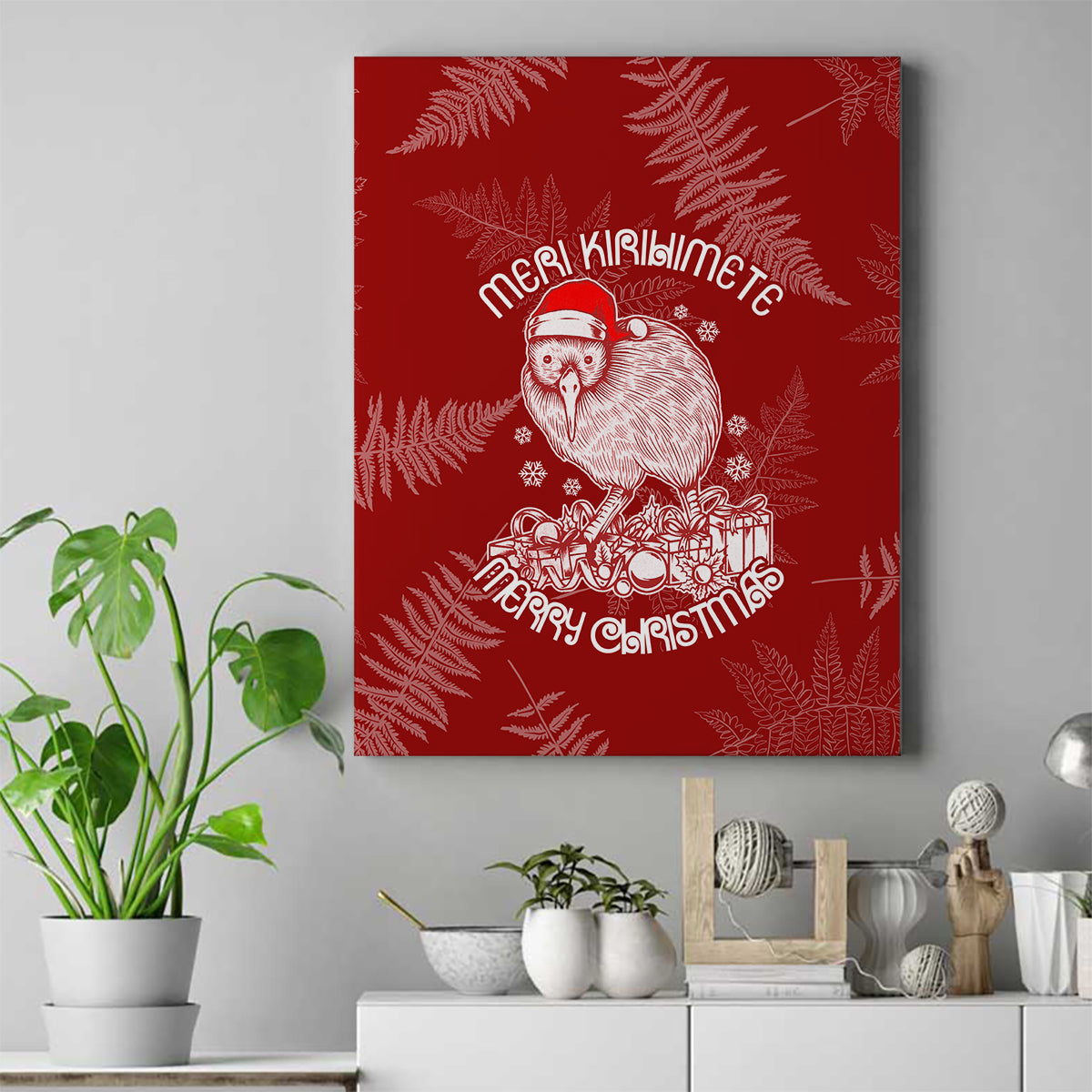 New Zealand Christmas Canvas Wall Art Silver Fern Mix Kiwi Bird Ver01 LT7 Red - Polynesian Pride